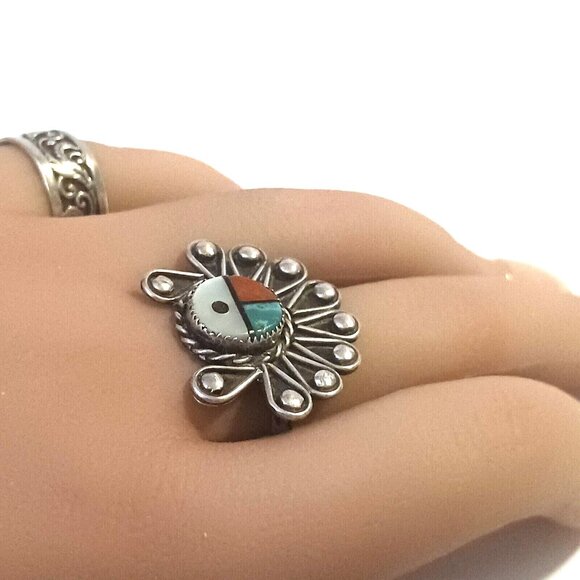 Native American Sterling Zuni Sun Face multi Stone Ring Sz 7 (1561) - Picture 3 of 5